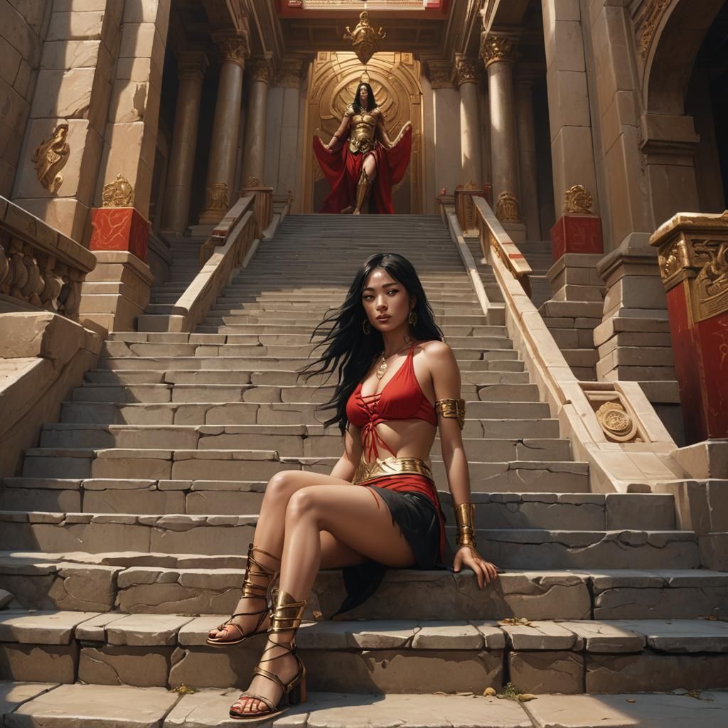 Golden Woman on Onyx Staircase: Matte Painting Style