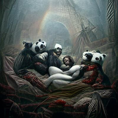 Polyamorous Panda Horror in Engraving Style
