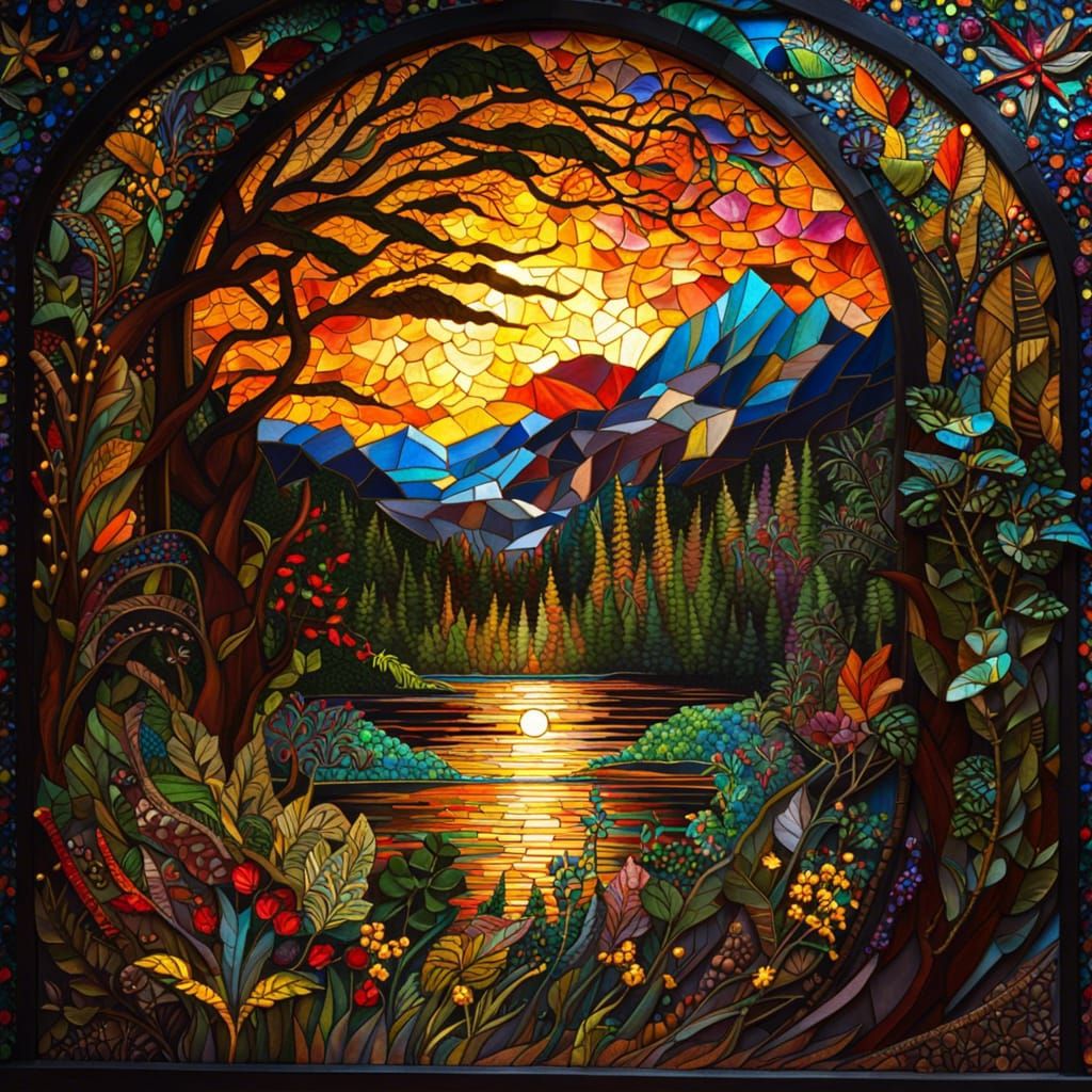 Vibrant Stained Glass Mosaic of a Golden Hour Jungle