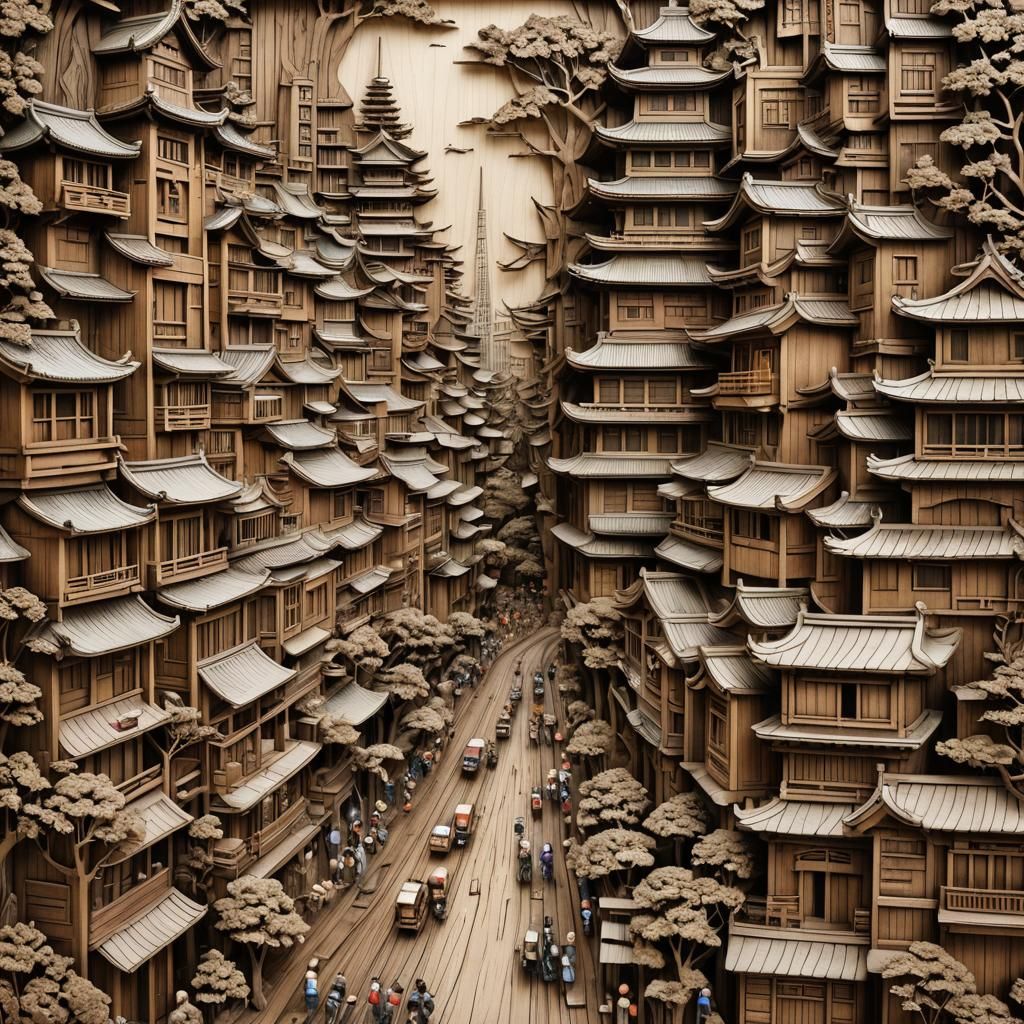 Tokyo Cityscape Wood Relief Carving