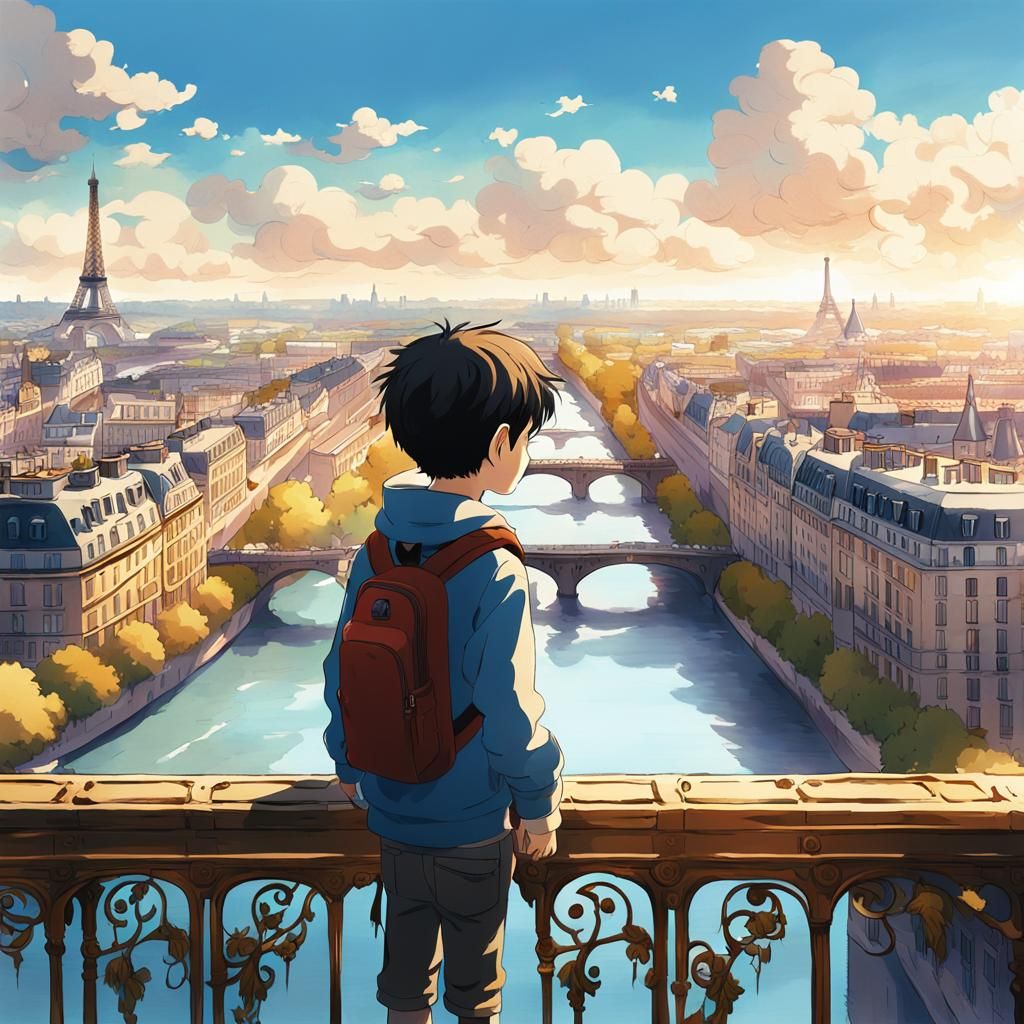 Anime Boy Overlooking Paris in Golden Light