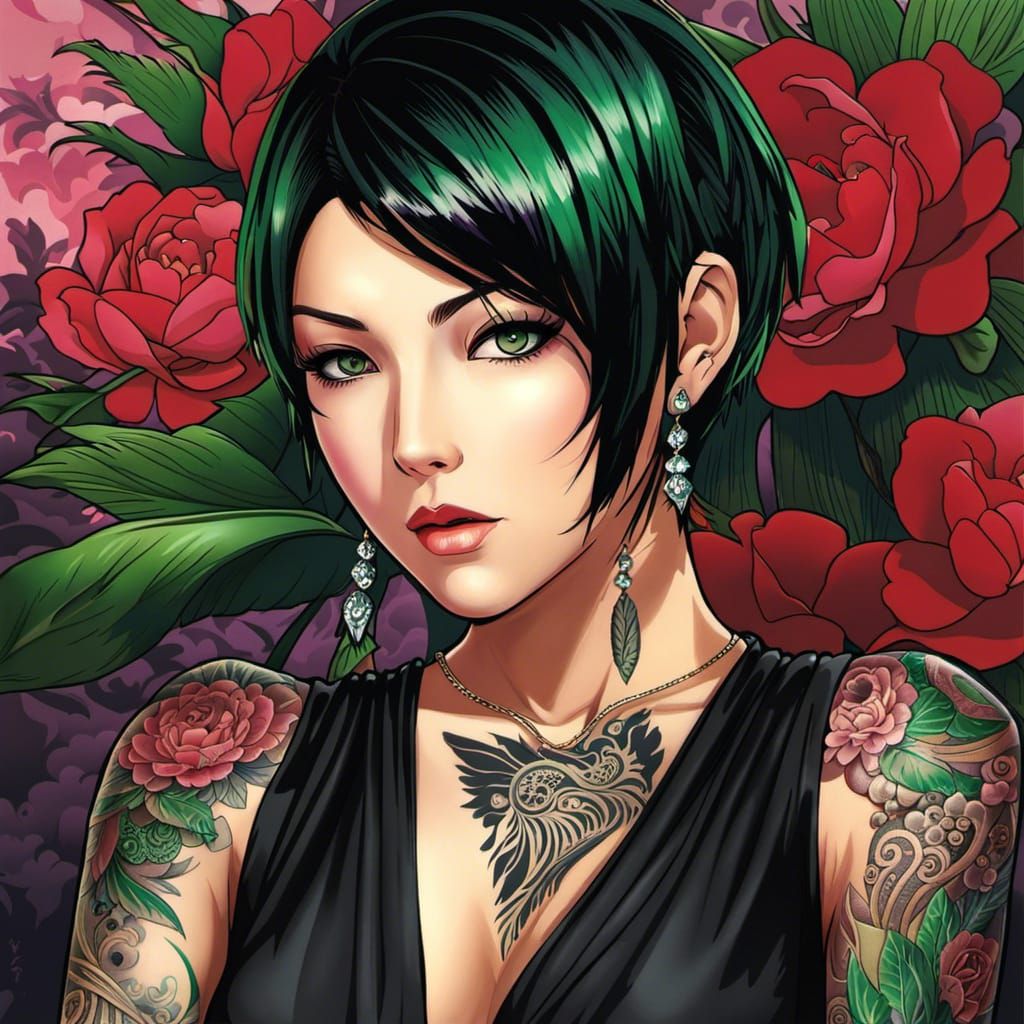 Anime Yakuza Woman with Emerald Eyes and Tattoos