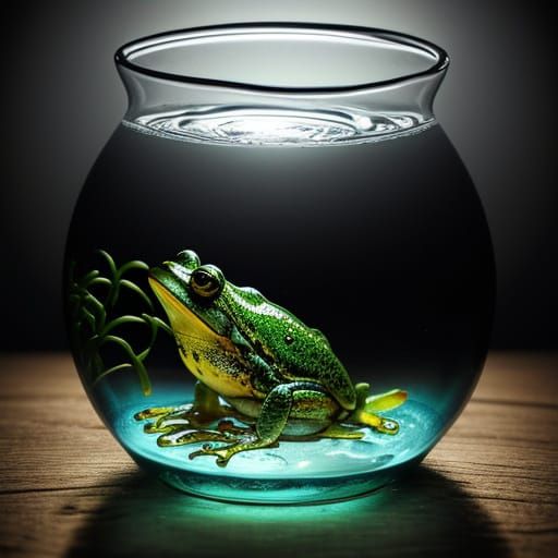 Stunning Fishbowl Scene with Frog in Hyperrealistic Detail