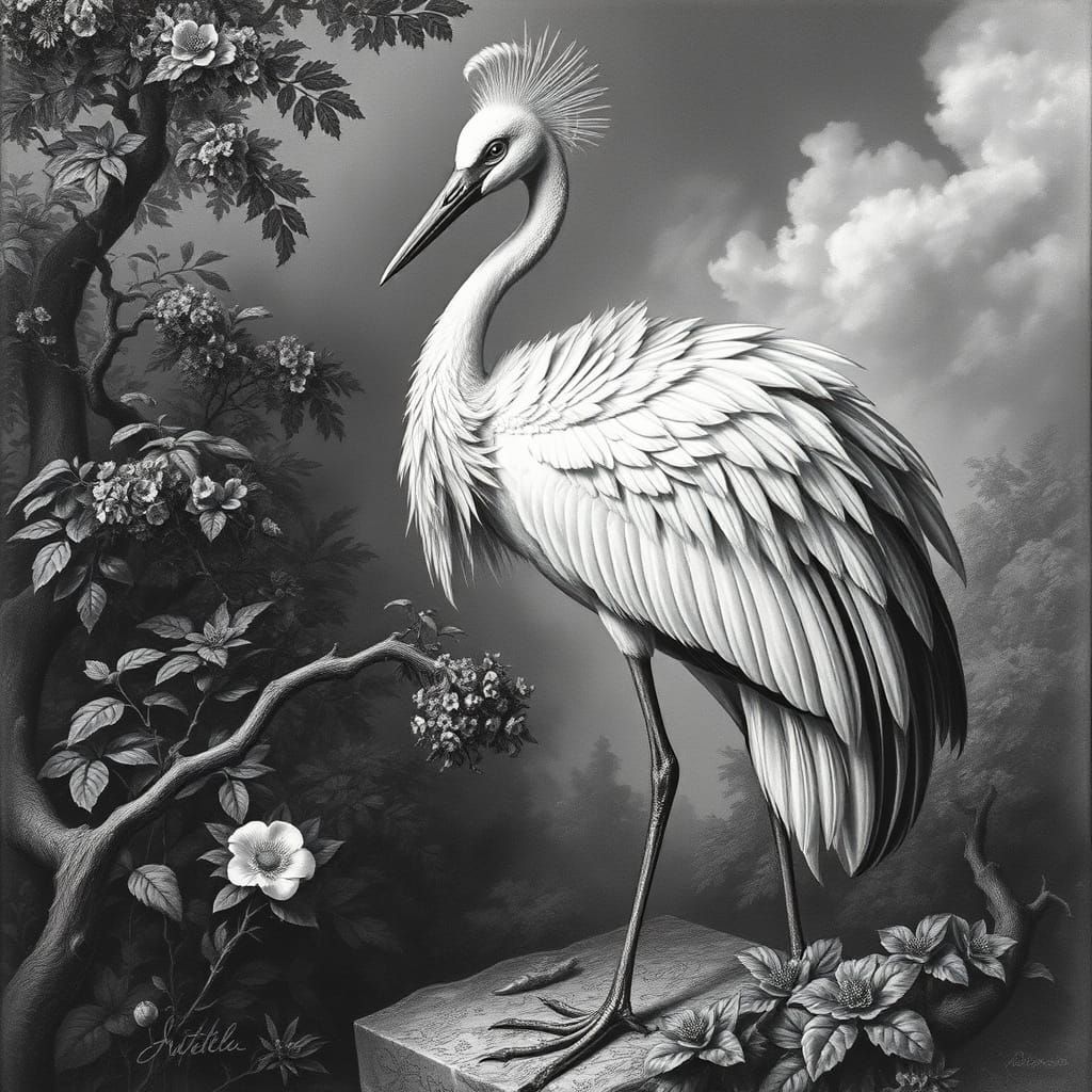 Majestic Crane in Rococo Style Charcoal Drawing