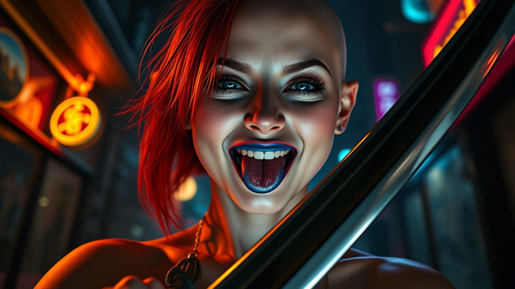 Hyperrealistic Woman with Katana in Noir Back Alley