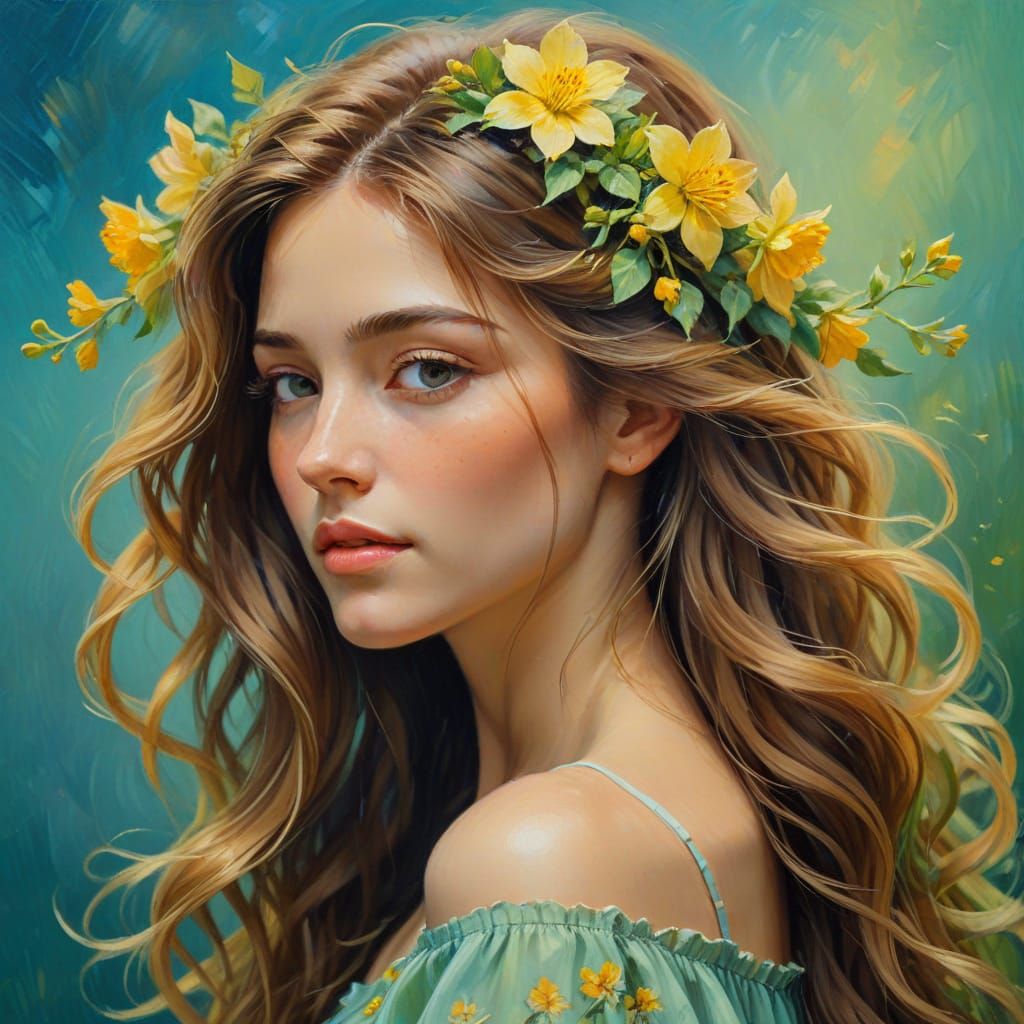 Elegant Woman in Impressionist Portrait with Vibrant Flowers