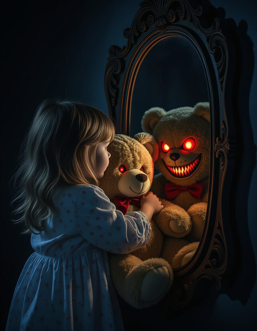 Girl Hugs Scary Teddy Bear, Sees Terrifying Reflection
