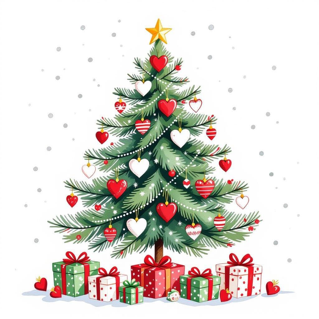 Whimsical Watercolor Christmas Tree with Heart Ornaments