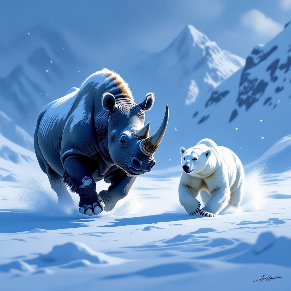 White Rhino Chases Polar Bear Across Snowy Plains