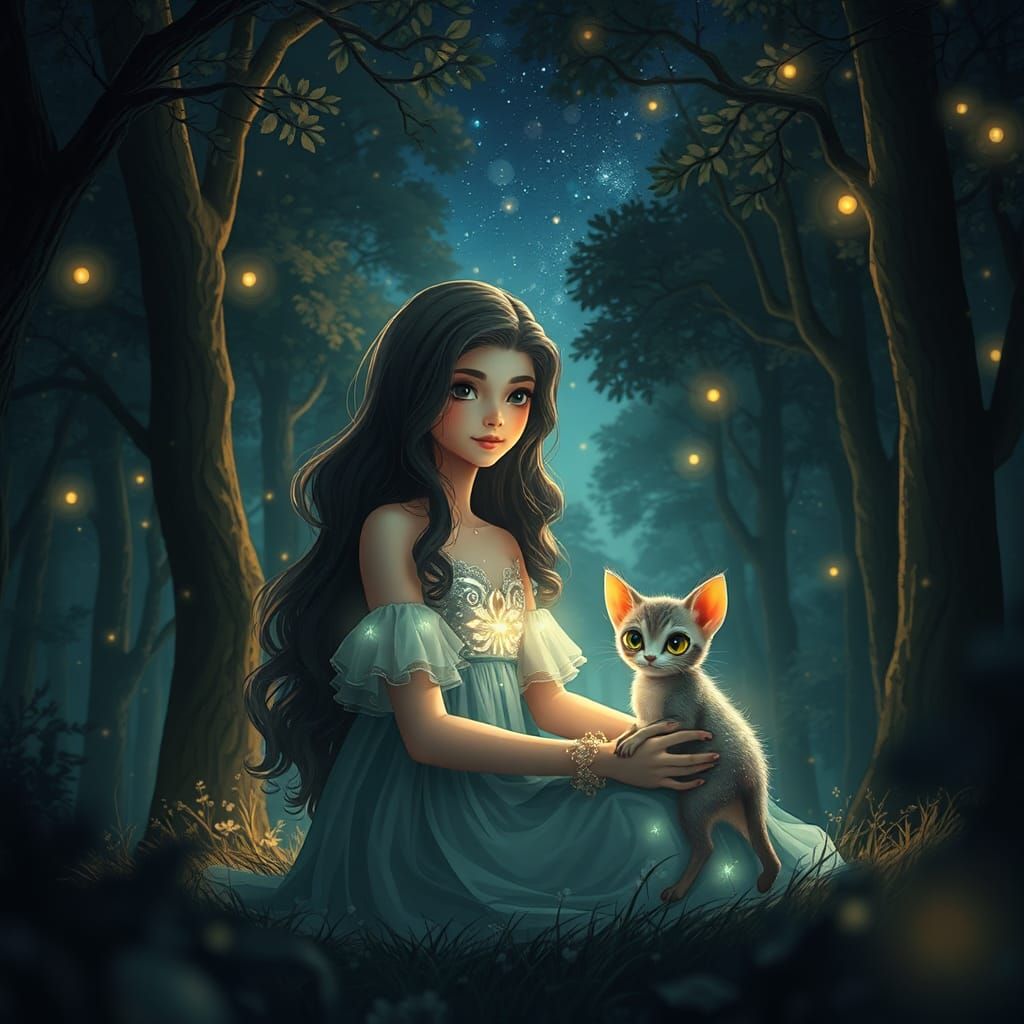 Ethereal Forest Scene with Girl and Kitten