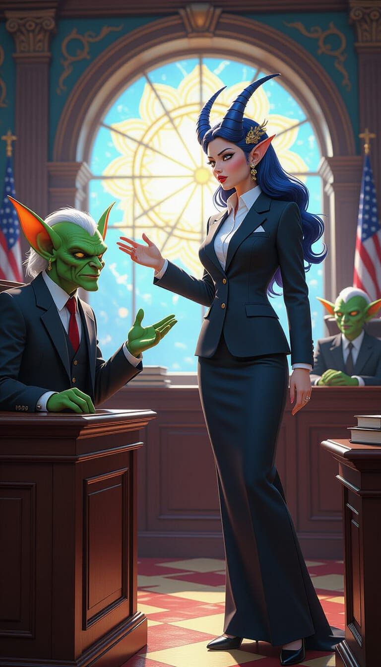 Nimph Argues Courtroom Case Against Goblin in 3D Digital Art