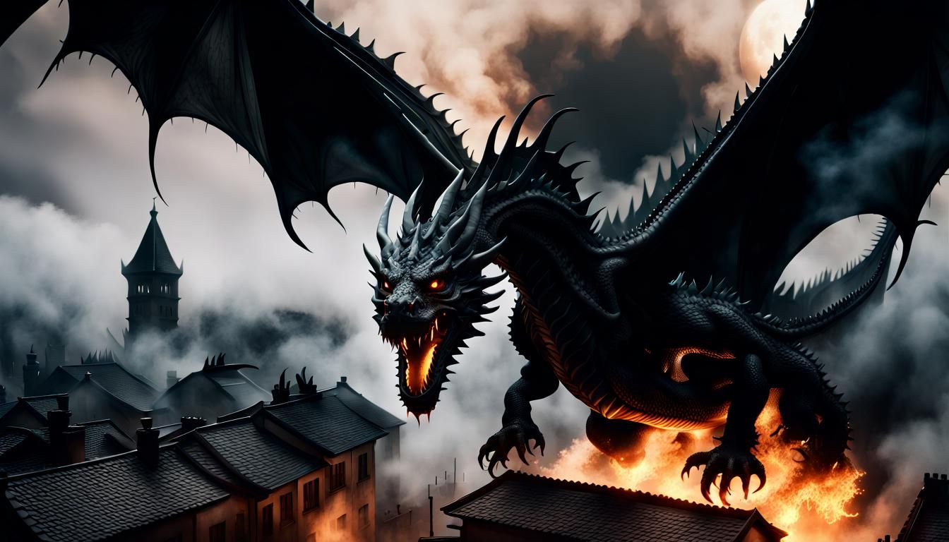 Colossal Black Dragon Burns a Town: Photorealistic 8K