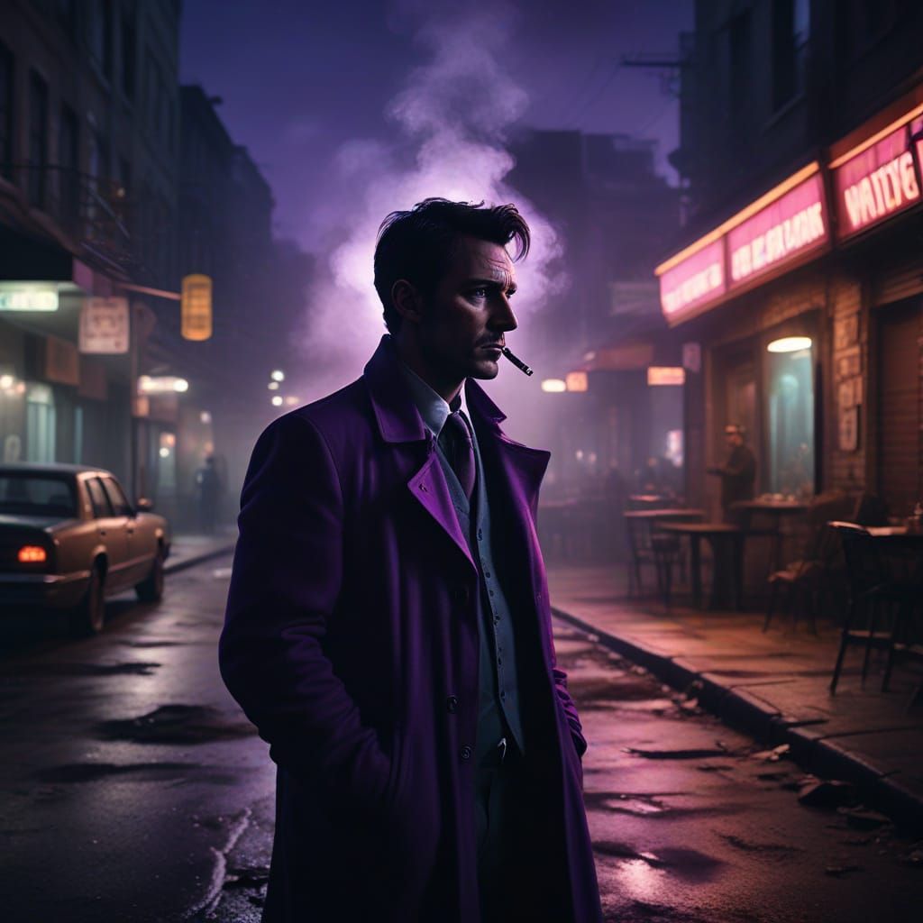 Film Noir Detective in Smoggy Nighttime Cityscape