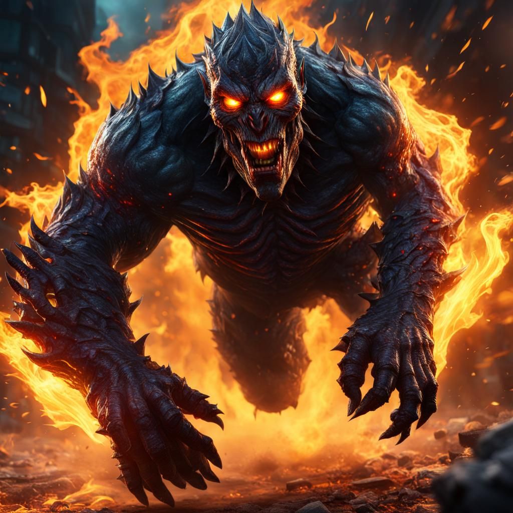 Dark Monster Runs Through Shattered Flames: 8K Concept Art