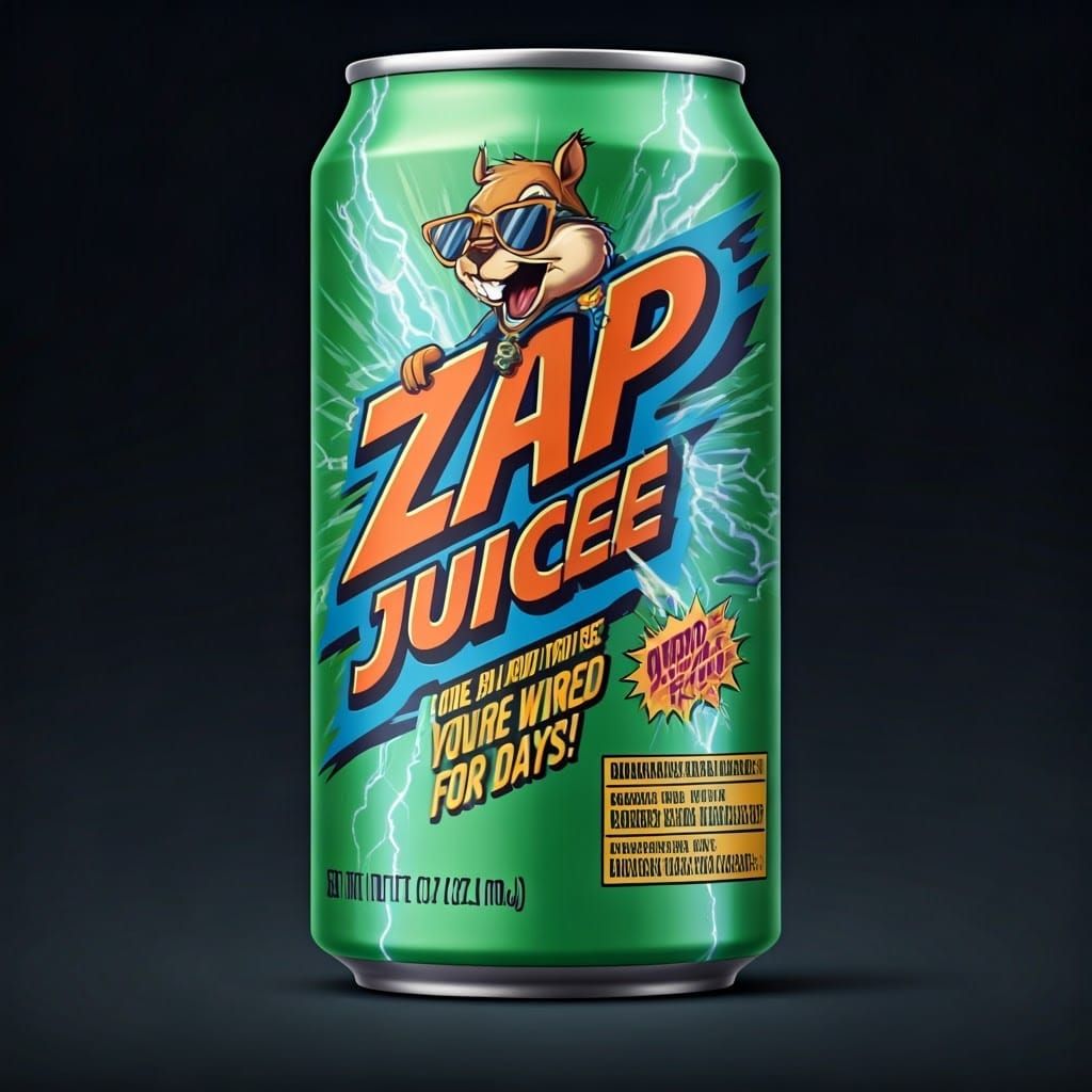 ZAP Juice: Comical Energy Drink in Retro-Futuristic Style