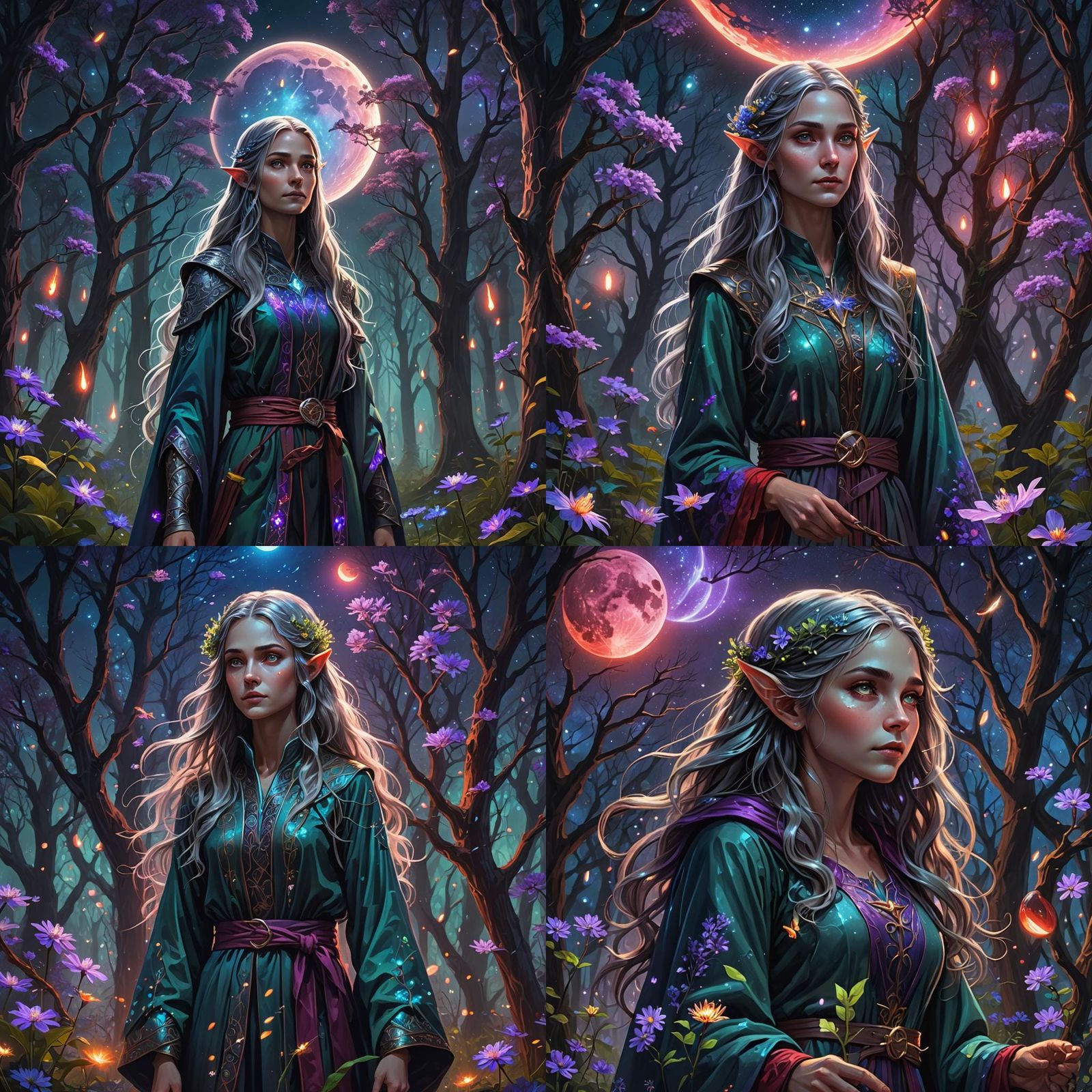 Majestic Fantasy Night Forest with Elf in Astral Style