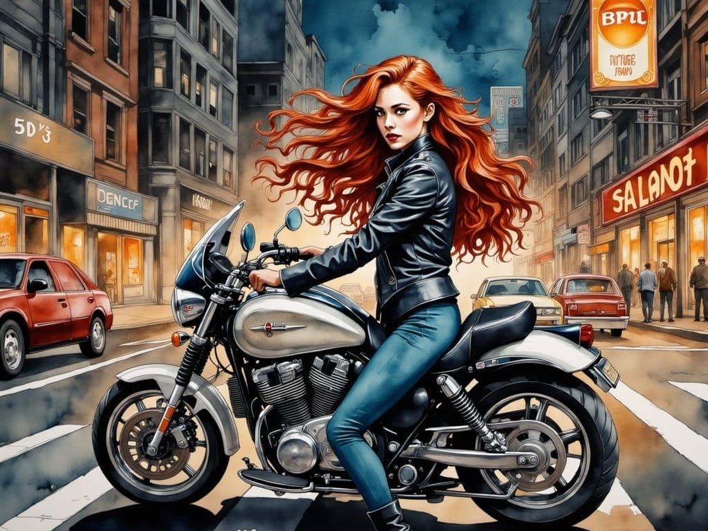 Watercolor Motorcycle Rider in Comic Book Style