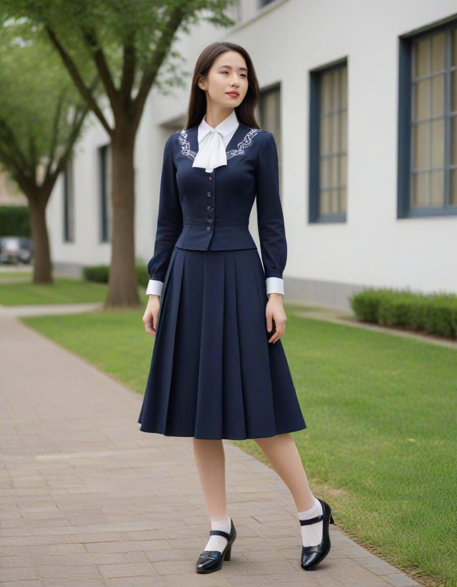 Young Woman in Stylish School Uniform and Stiletto Loafers
