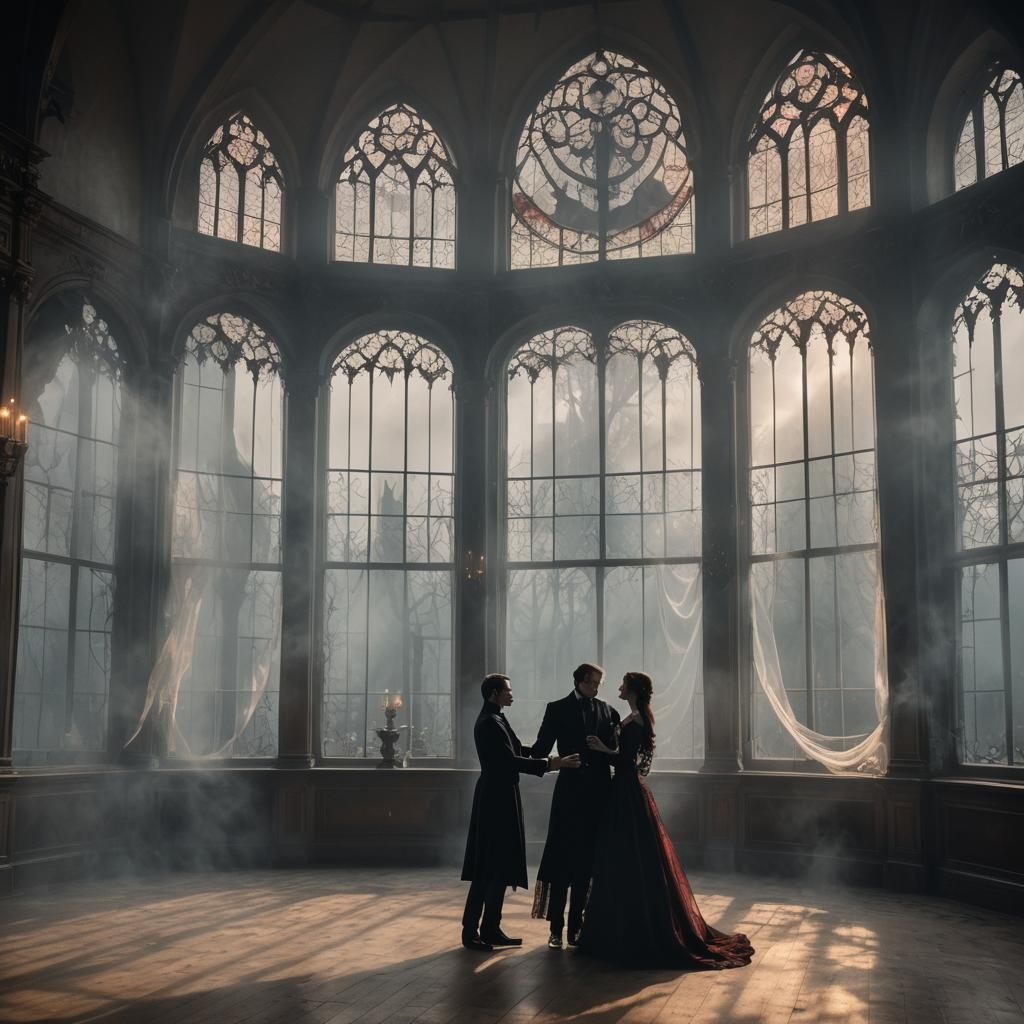 Vampire Couple Dancing in Candlelit Ballroom
