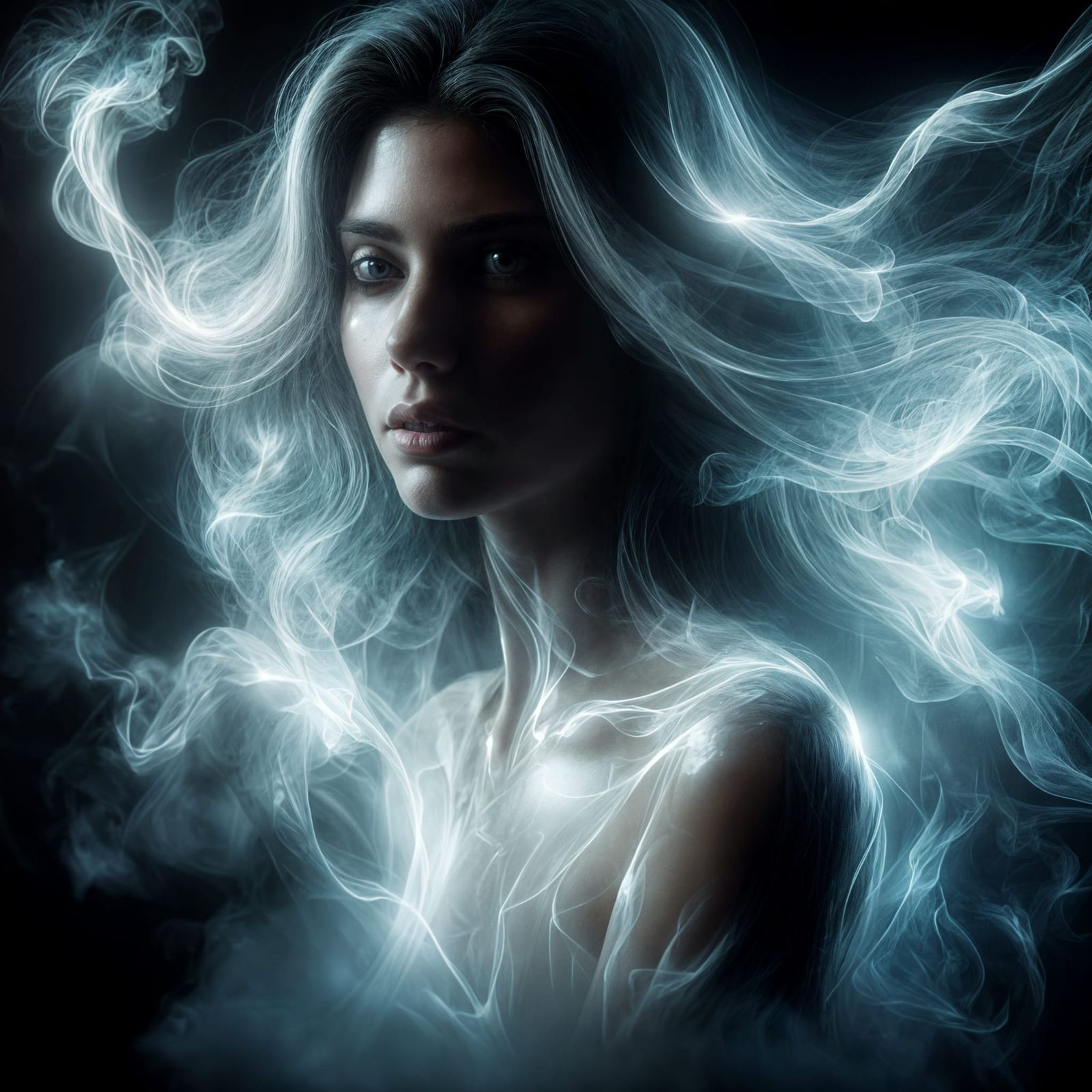 Ethereal Glowing Ghost Portrait in Misty Darkness