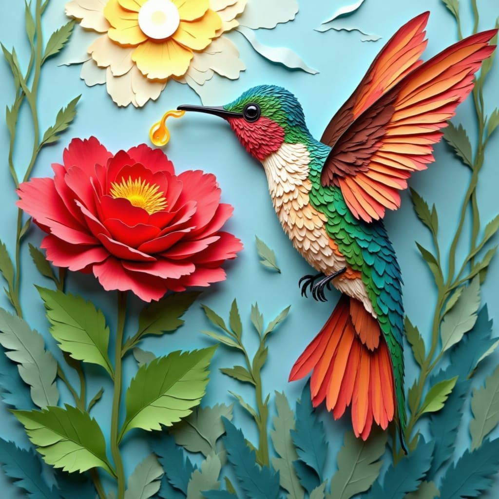 Hummingbird and Rose in Paper Cut Style