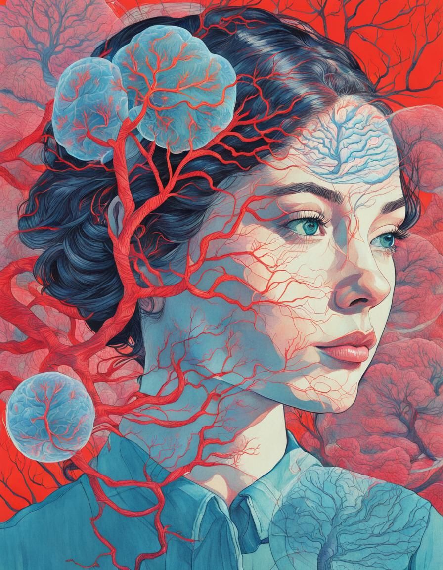 Double Exposure Girl with Anatomical Brain Drawing