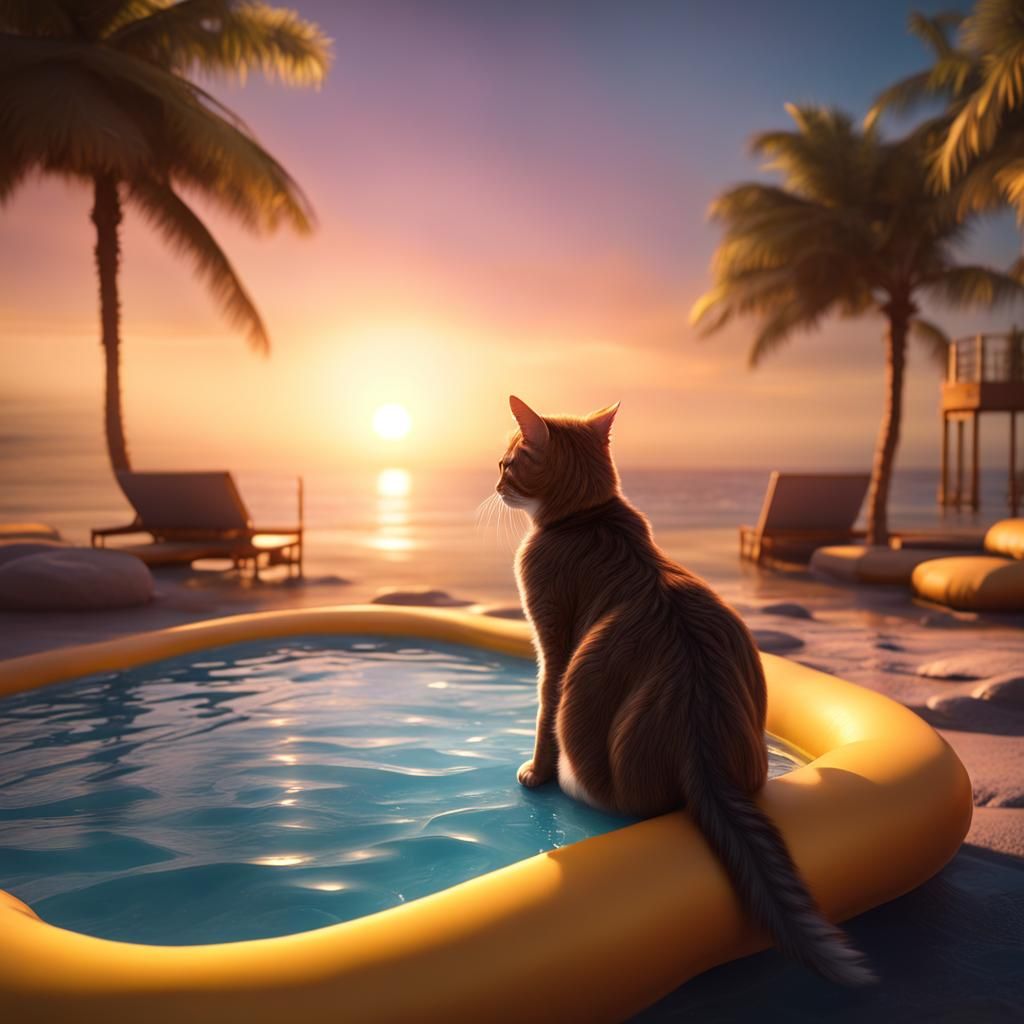 Cat on Duck Float at Sunset, Fantasy Art