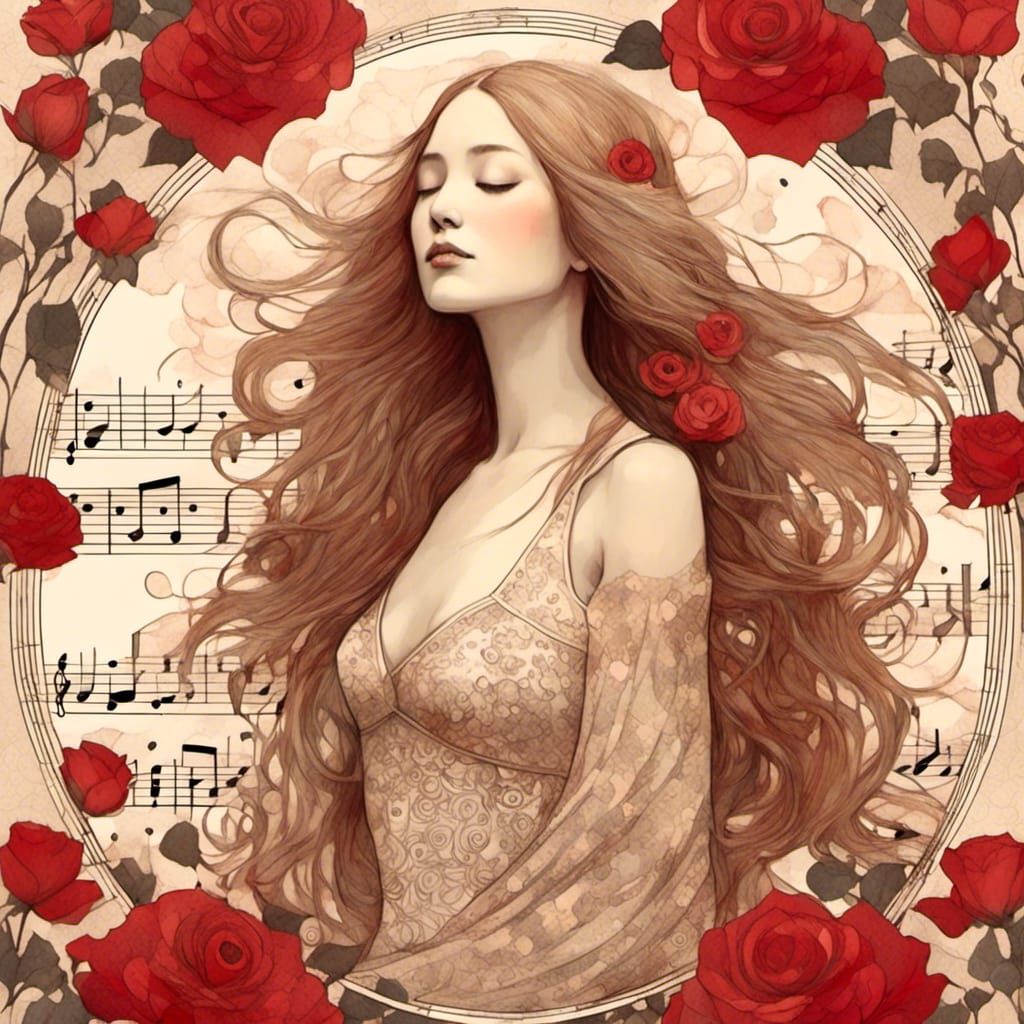 Woman with Roses and Sheet Music in Liquid Ink