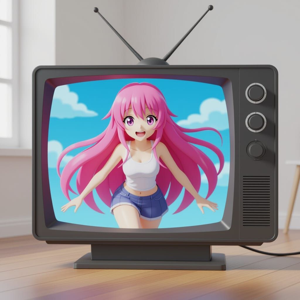Cheerful Anime Woman Emerges from Giant TV