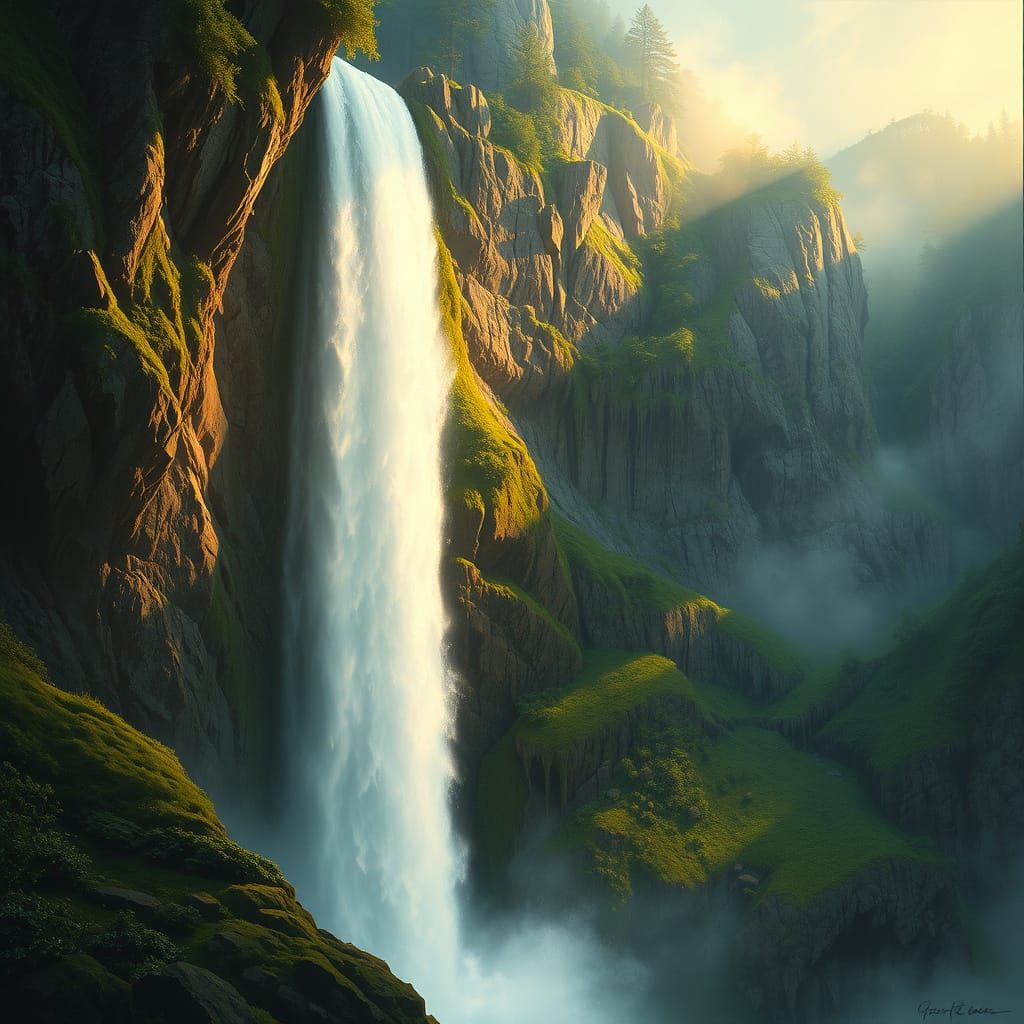 Waterfall Cascade in Lush, Photorealistic Landscape