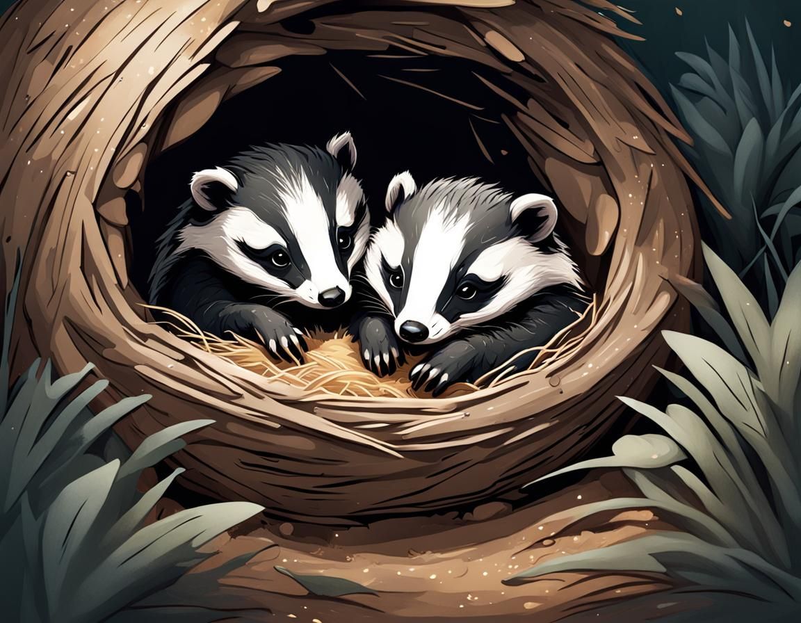 Chibi Baby Badgers Asleep in Cozy Burrow