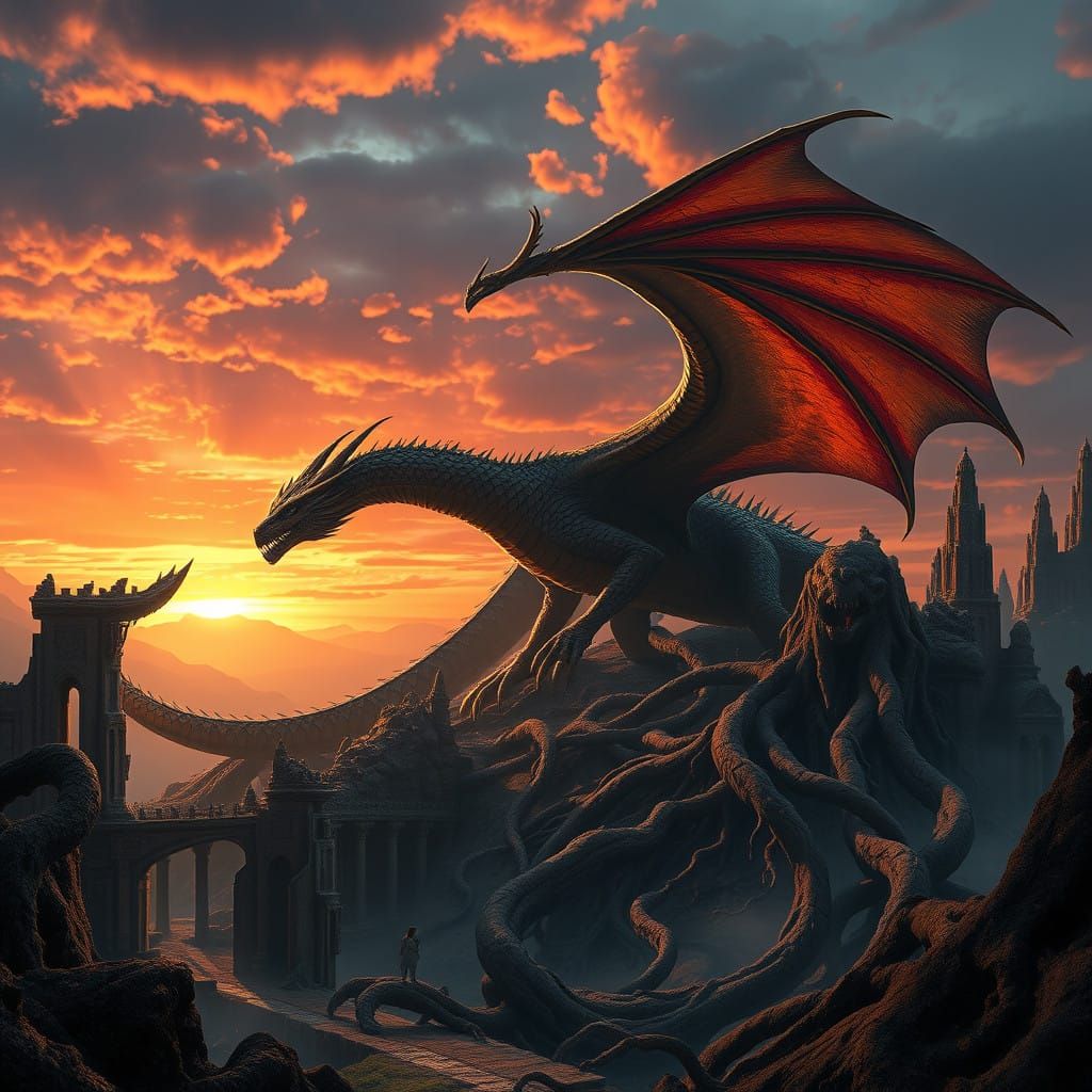 Majestic Dragon Amid Ancient Ruins at Sunset