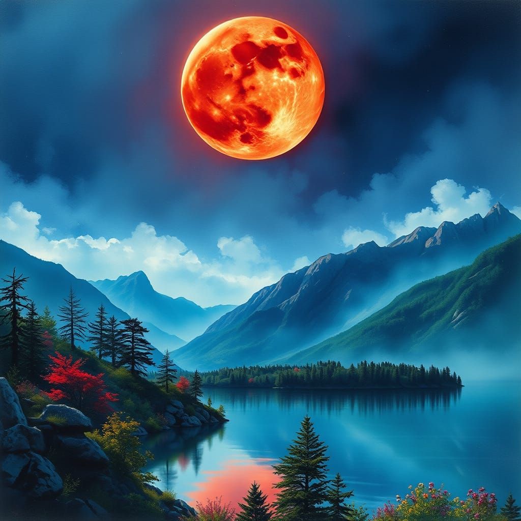 Blood Moon Over Serene Mountain Lake
