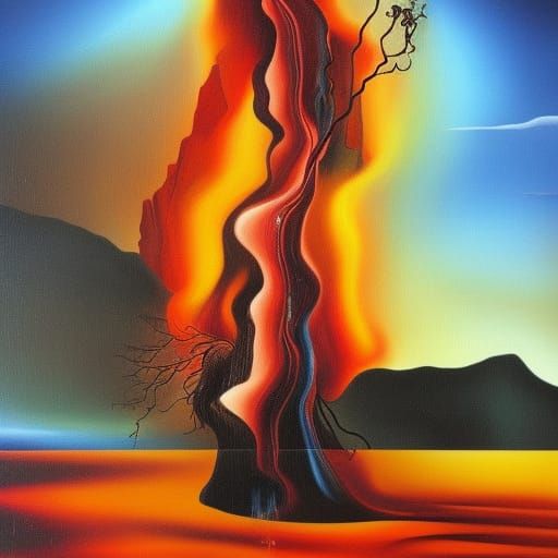 Surreal Tree on Fire Becomes Waterfall: Dali Style