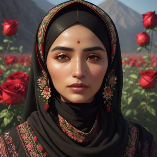 Afghan Woman in Roses: Hyper-Realistic Oil Painting