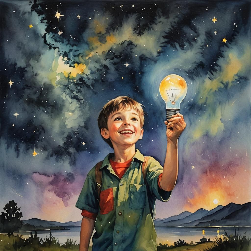 Boy with Lightbulb: Oil and Watercolor Painting