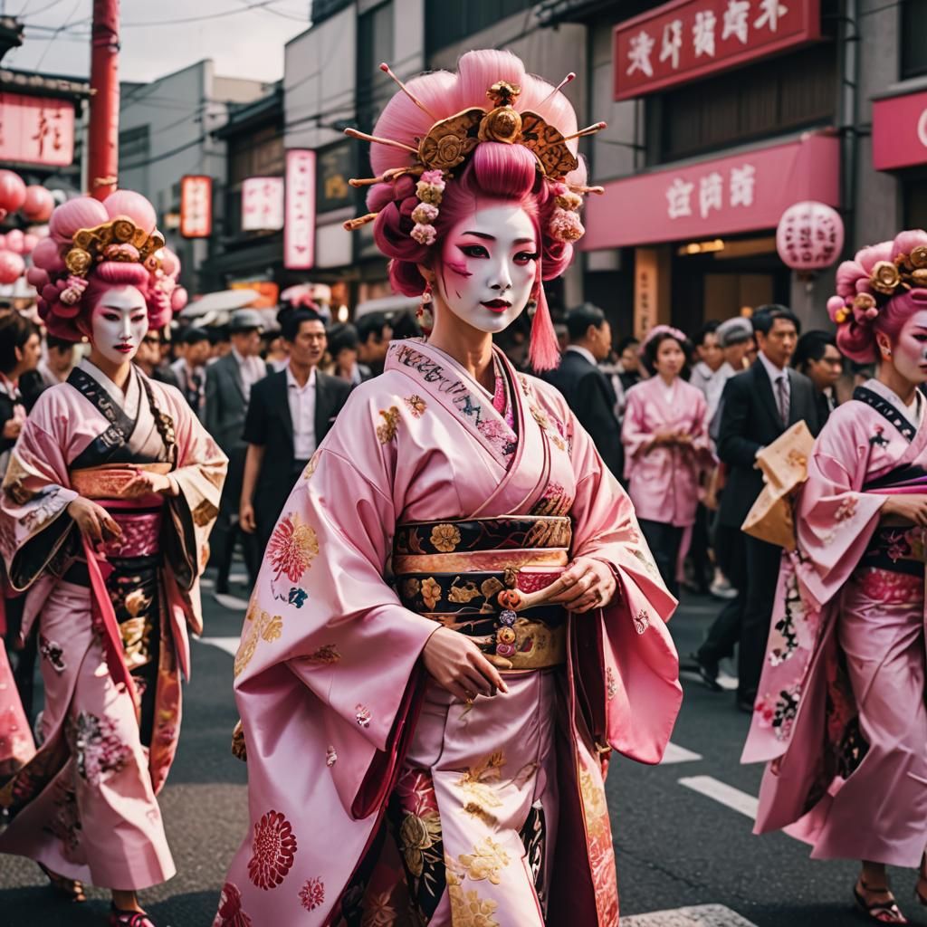 Oiran Parade with Pink-Haired Girl in Tokyo