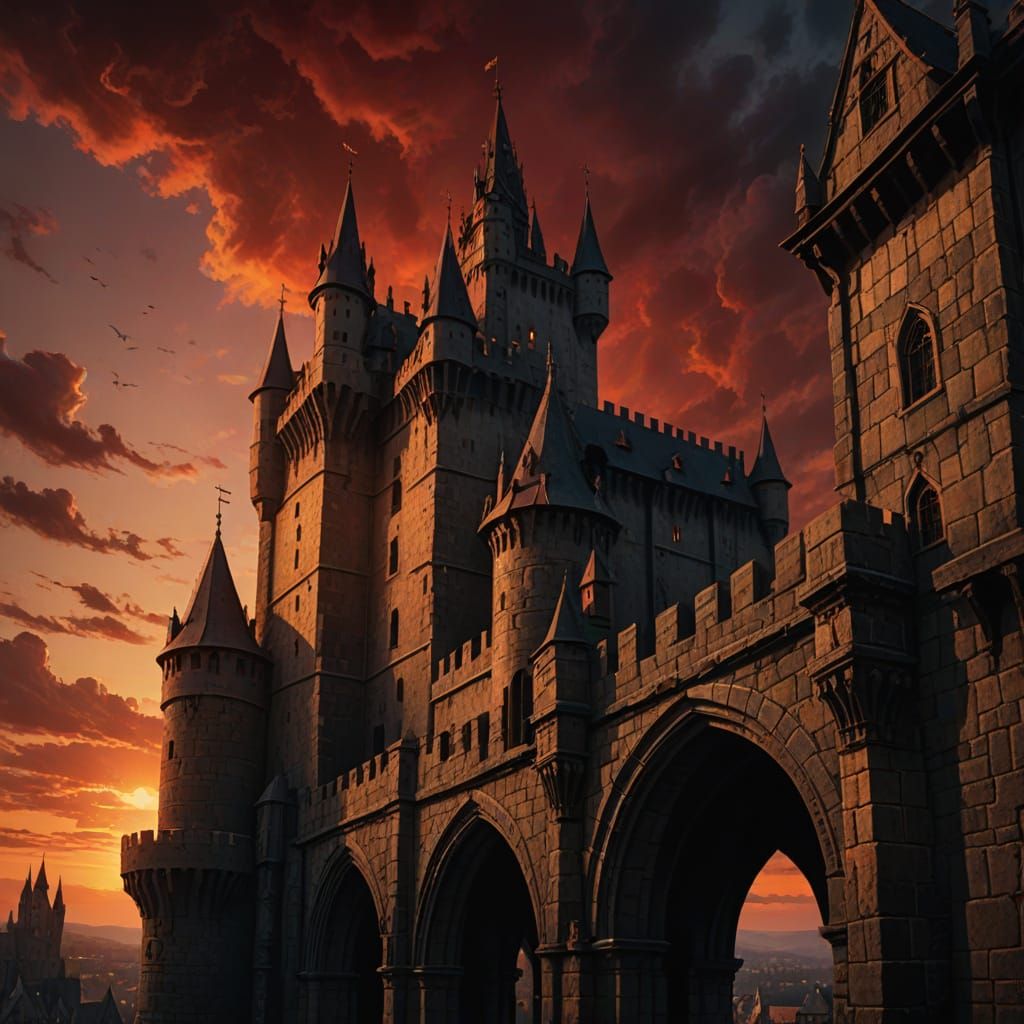 Knight in Golden Light, Medieval Cityscape at Bloody Sunset