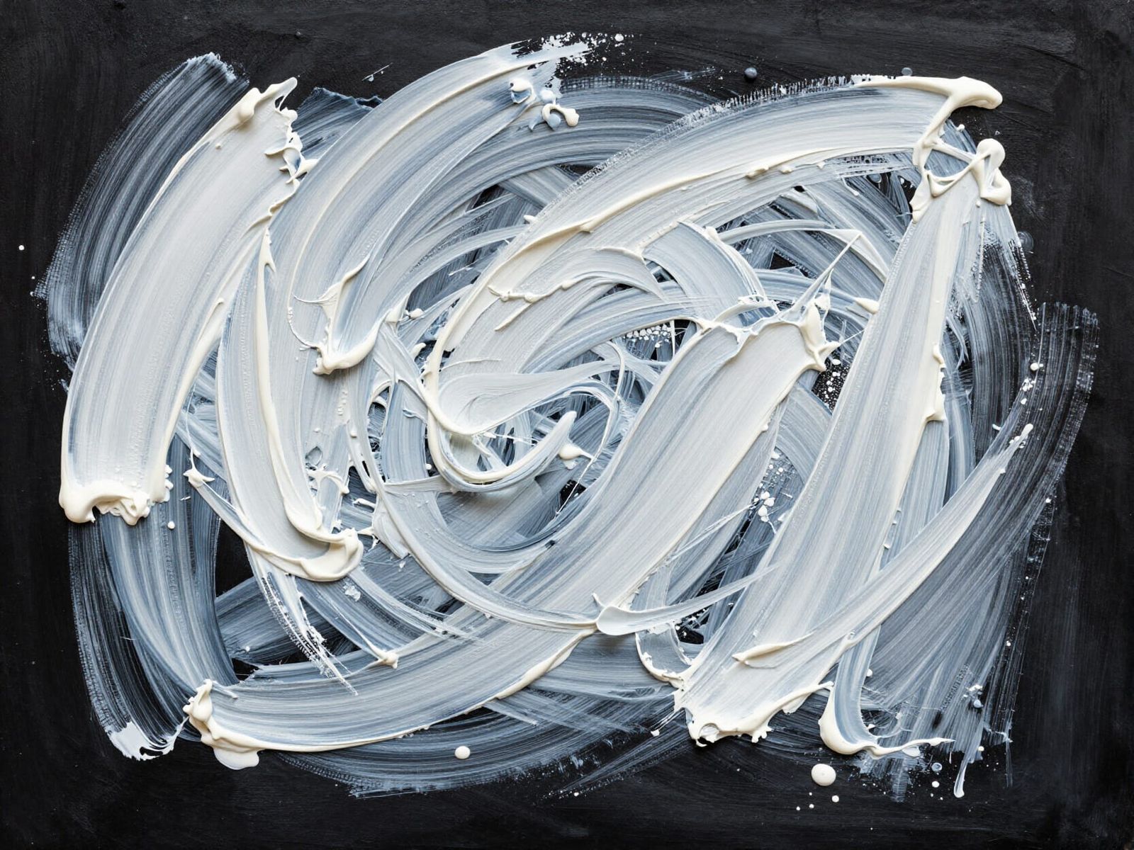 Abstract Expressionist White Paint Swirls on Black