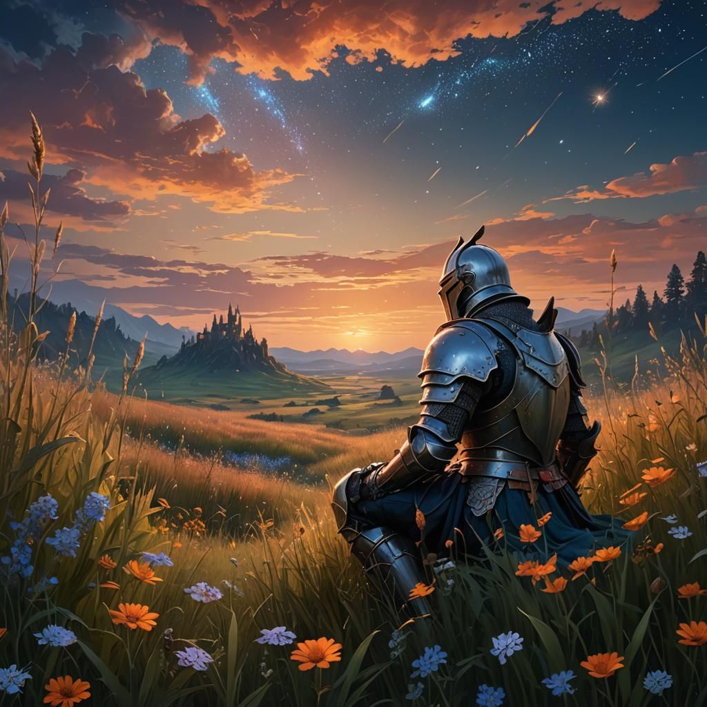 Knight Gazing at Sunset Stars: Fantasy Concept Art