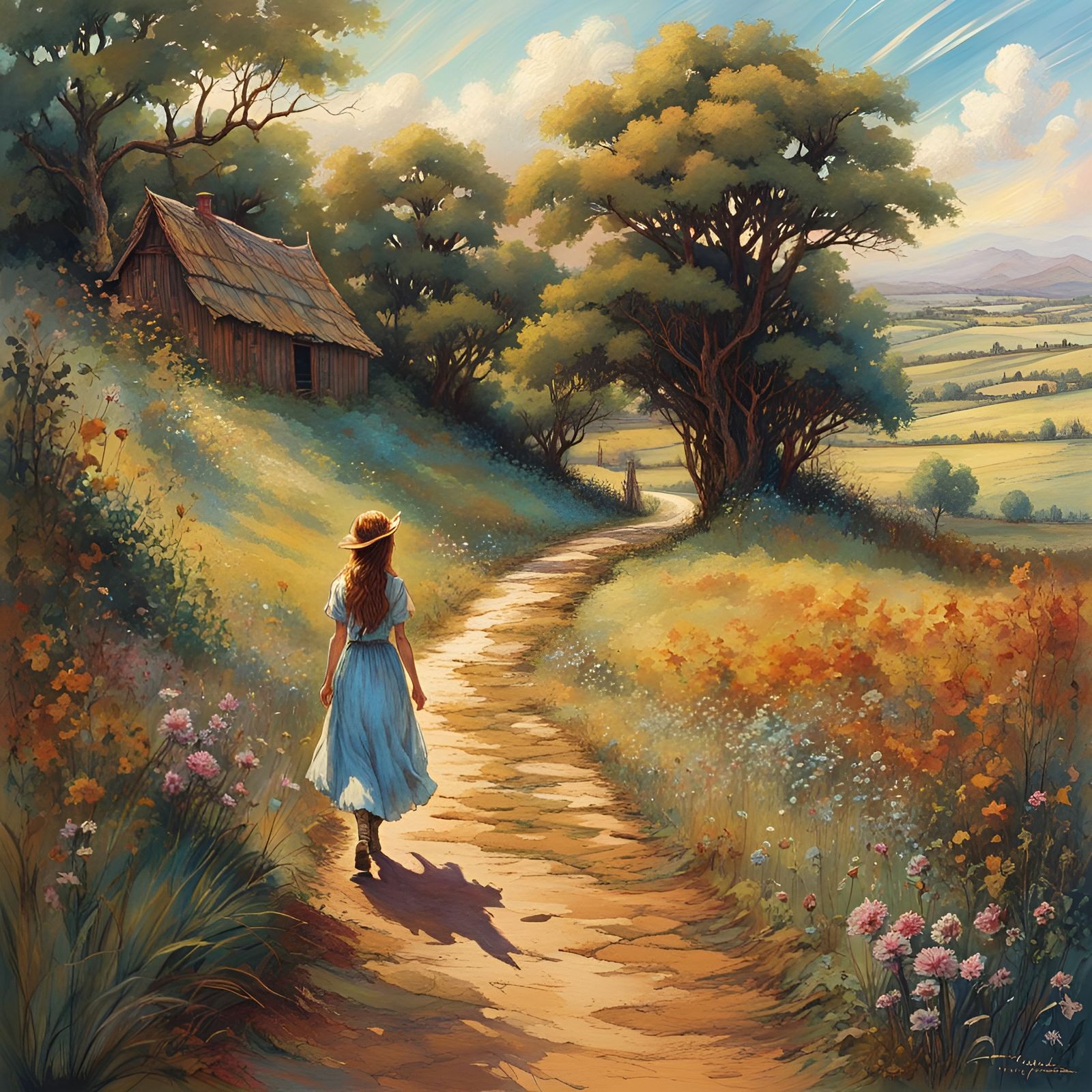 Girl Walks on Country Road in Storybook Illustration