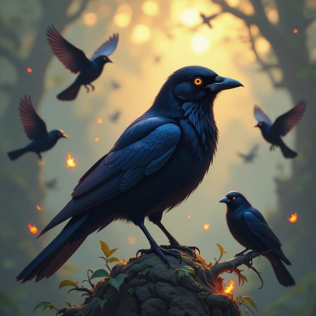 Ember-Orange Birds Circling Ley-Line Site: Dark Fantasy Art