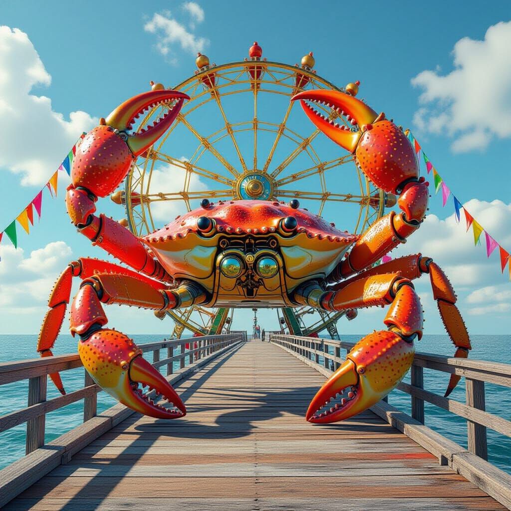 Colossal Crab on Steampunk Pier in Ash Thorp Style