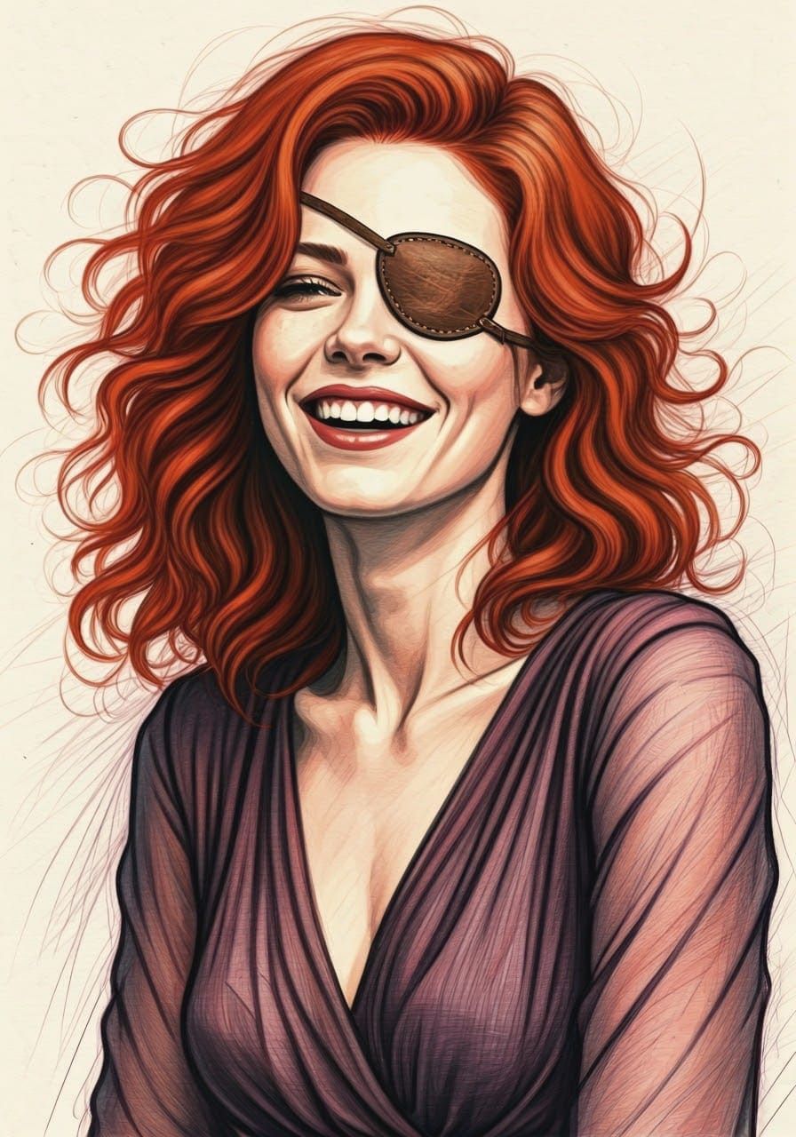 Portrait of a Redhaired Woman in a Leather Eyepatch