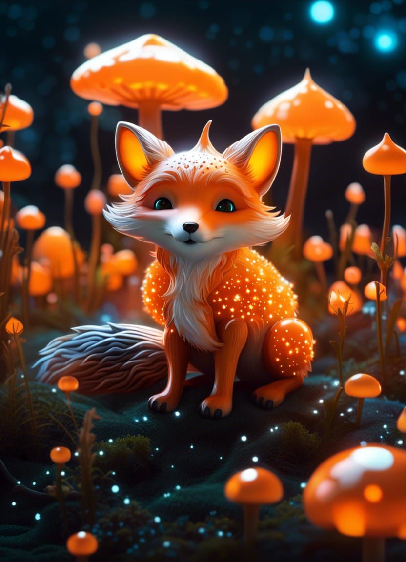 Fluffy Symbiote Fox Constellation on Glowing Mushrooms