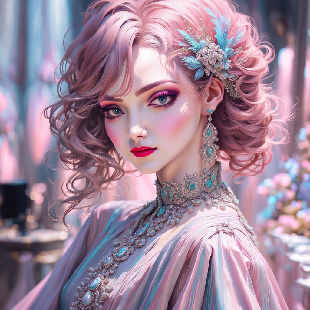 Glamour Portrait of Young Woman in Oil Painting Style