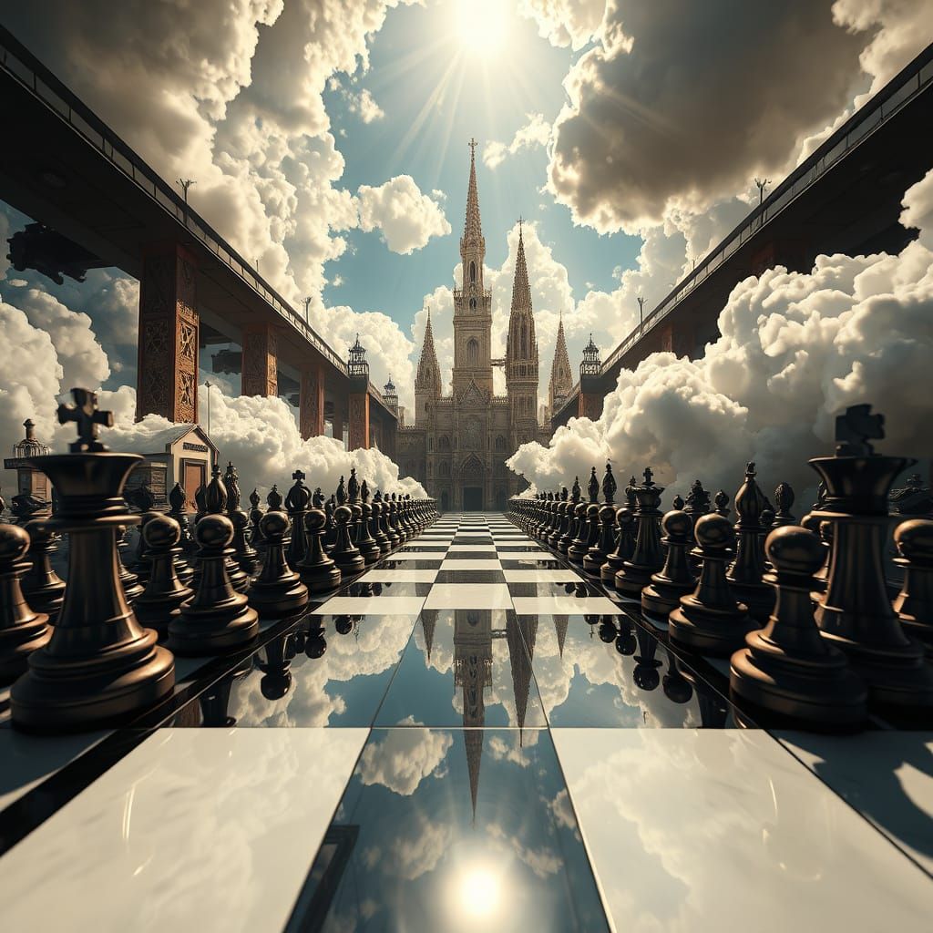 Surreal Fantasy Cathedral Unfolds from a Chessboard in Vibra...