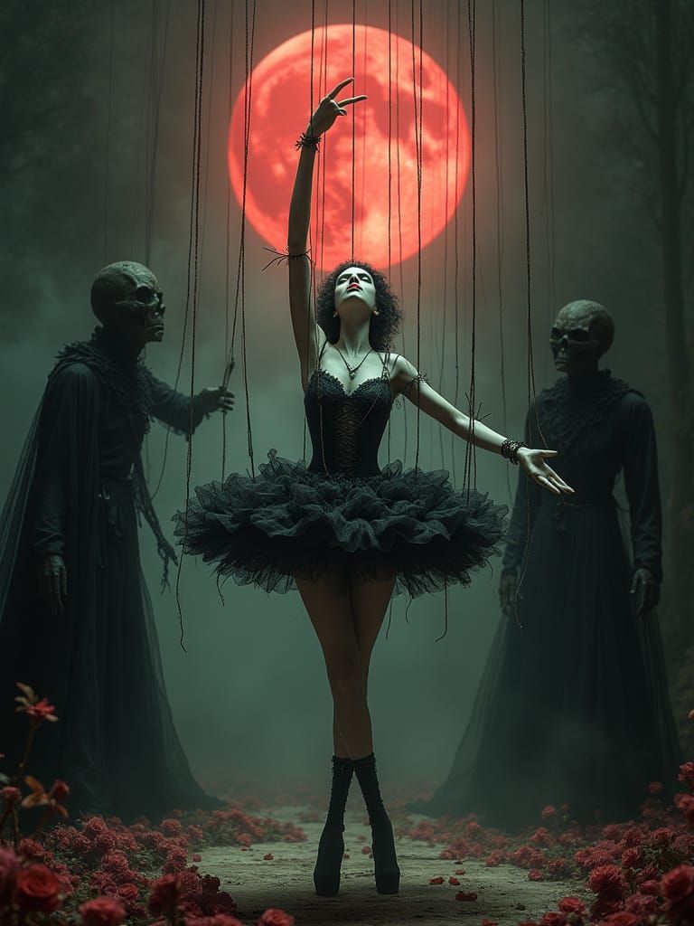 Gothic Ballerina Marionette Dance Beneath Blood Moon