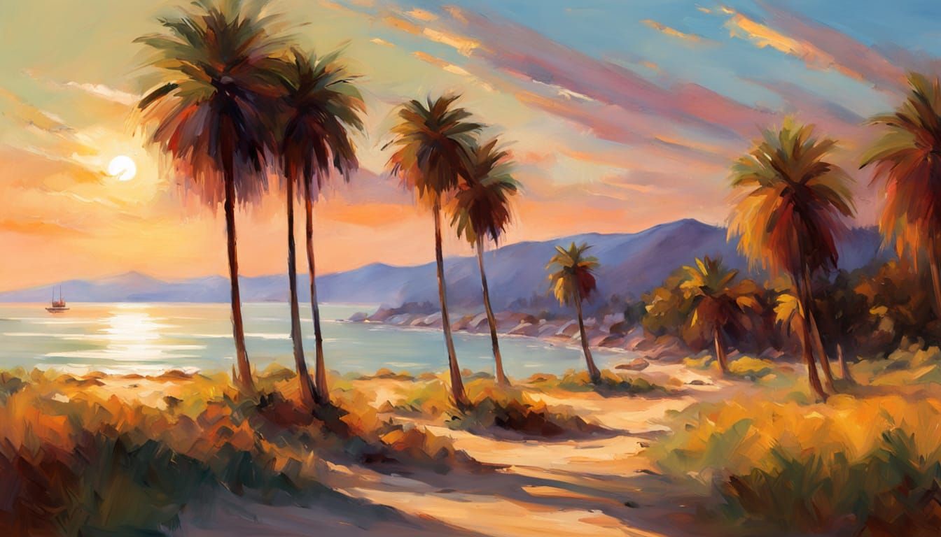 Idyllic Tropical Landscape in Soft Impressionist Brushstroke...