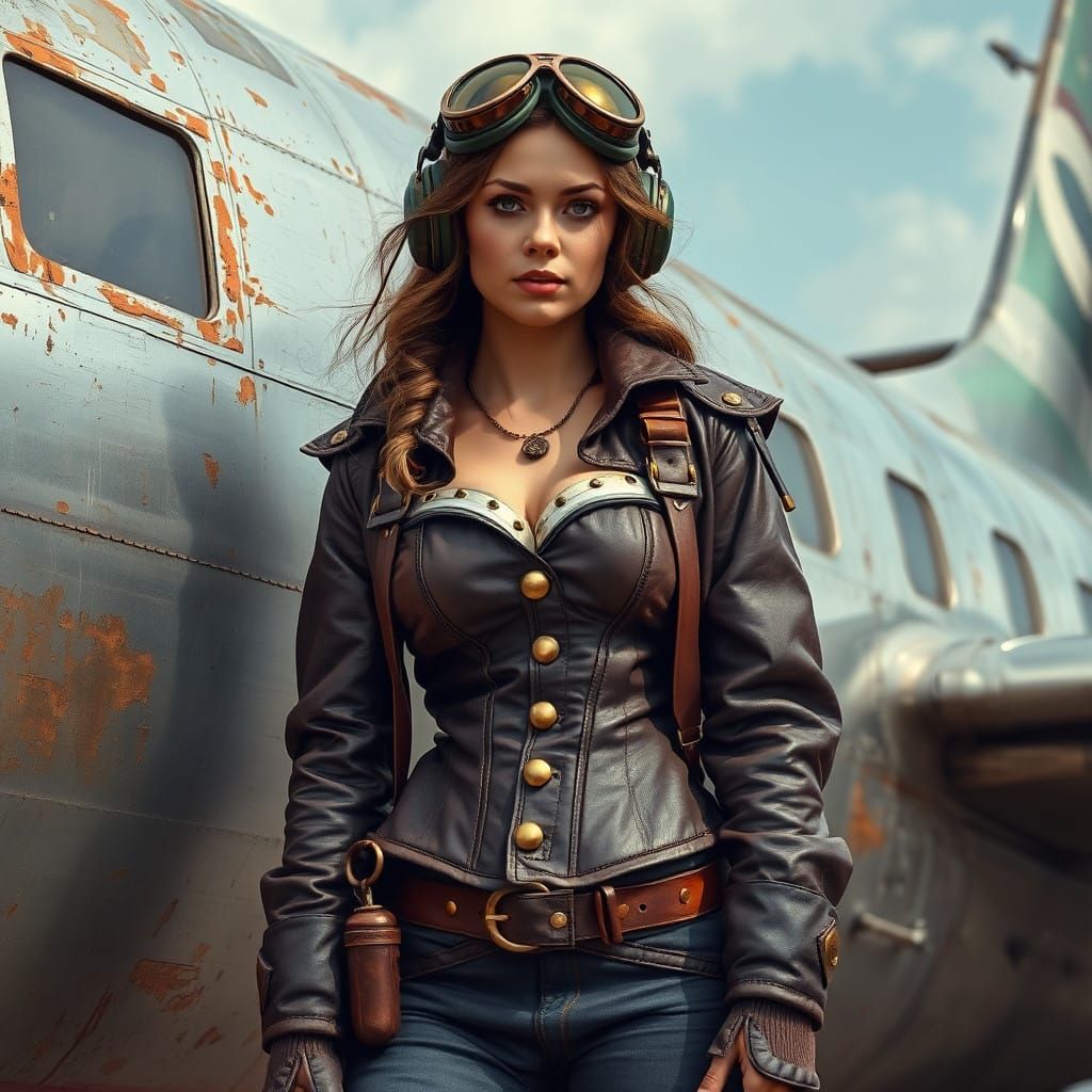 Steampunk Airship Maiden Stands Beside Worn 1970s Boeing 727